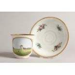 A 19TH CENTURY COPENHAGEN B. & G. CUP AND SAUCER with a landscape with deer. Mark B&G.