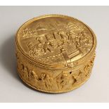 A GOOD FRENCH, GILDED METAL, CIRCULAR JEWEL BOX AND COVER the lid with a leden chair, the sides with