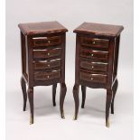 A PAIR OF FRENCH STYLE, MAHOGANY AND BURR WOOD FOUR DRAWER, SERPENTINE FRONTED BEDSIDE CHESTS on