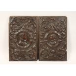 A GOOD PAIR OF ROMAN CARVED WOOD PANELS 19ins x 12ins.