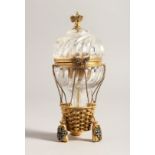 A SUPERB RUSSIAN SILVER GILT HOT AIR BALLOON BOX AND COVER as a glass box and cover, in a basket
