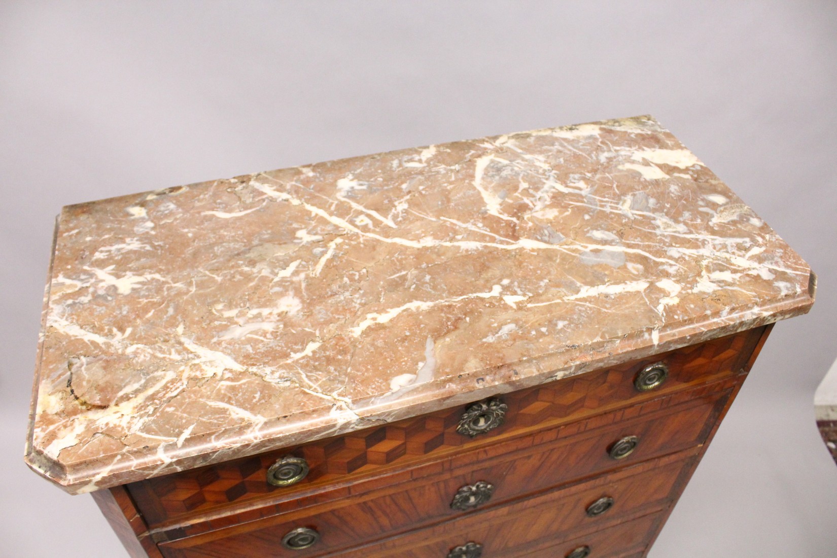 AGOOD 18TH / 19TH CENTURY FRENCH KINGWOOD AND MARBLE TALL CHEST, with a variagated rouge marble top, - Image 4 of 7