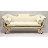 A VERY GOOD REGENCY CREAM PAINTED DOUBLE SCROLLING END SETTEE with padded upholstery and loose