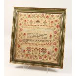 A GEORGE IV FRAMED AND GLAZED SAMPLER by Ellen Bell, Aged 9, 1827. 17ins x 6ins