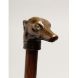 A SMALL WALKING STICK with cast greyhound handle 33ins long