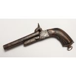 A DOUBLE SHOT PERCUSSION CAP PISTOL with wooden handle 7.5ins long