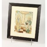 AN 18TH CENTURY SILKWORTH FRAMED PICTURE OF TWO SAINTS 9ins x 7.25ins