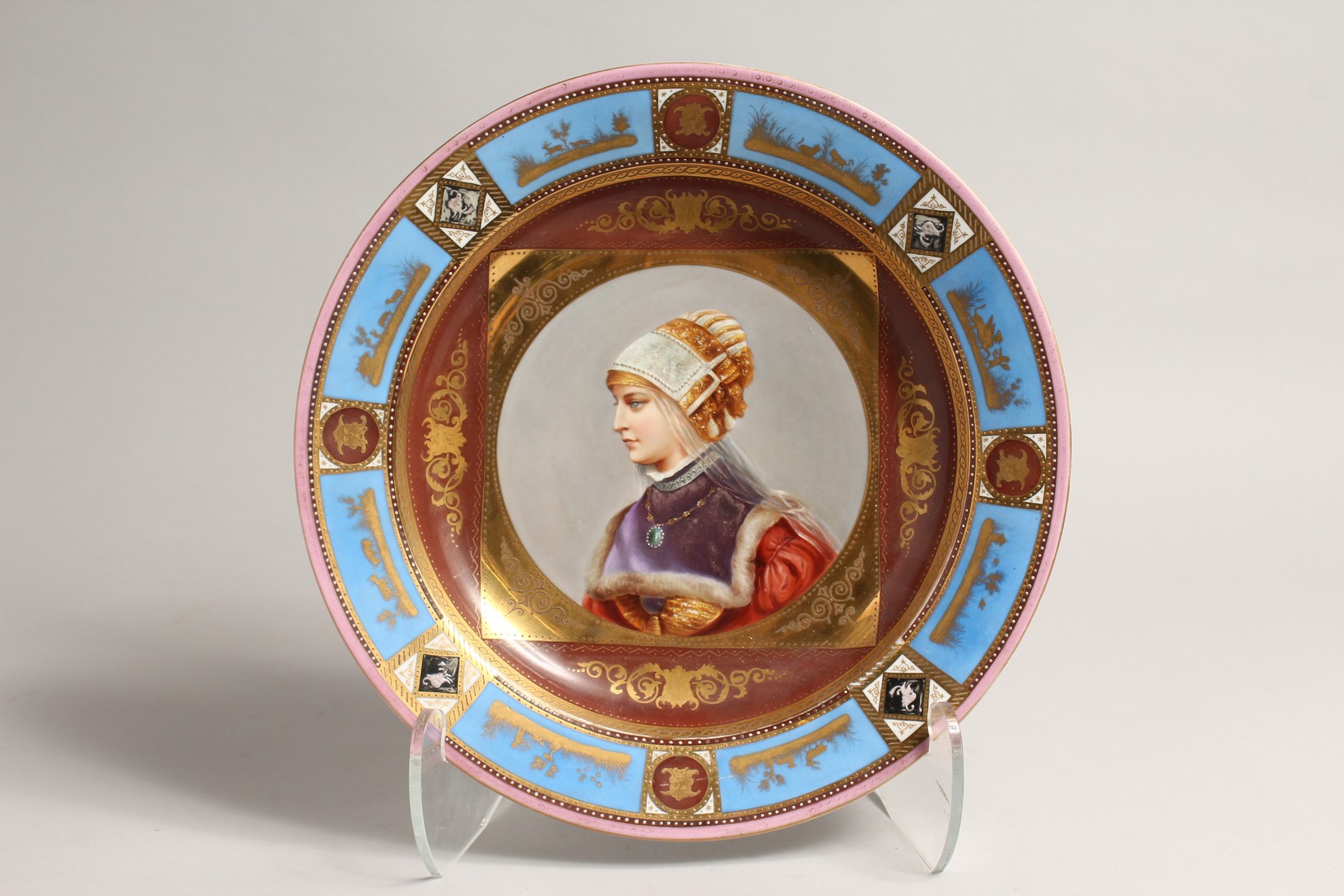 A VERY GOOD 19TH CENTURY VIENNA CIRCULAR PORTRAIT DEEP DISH with blue border and portrait of a young - Image 2 of 6