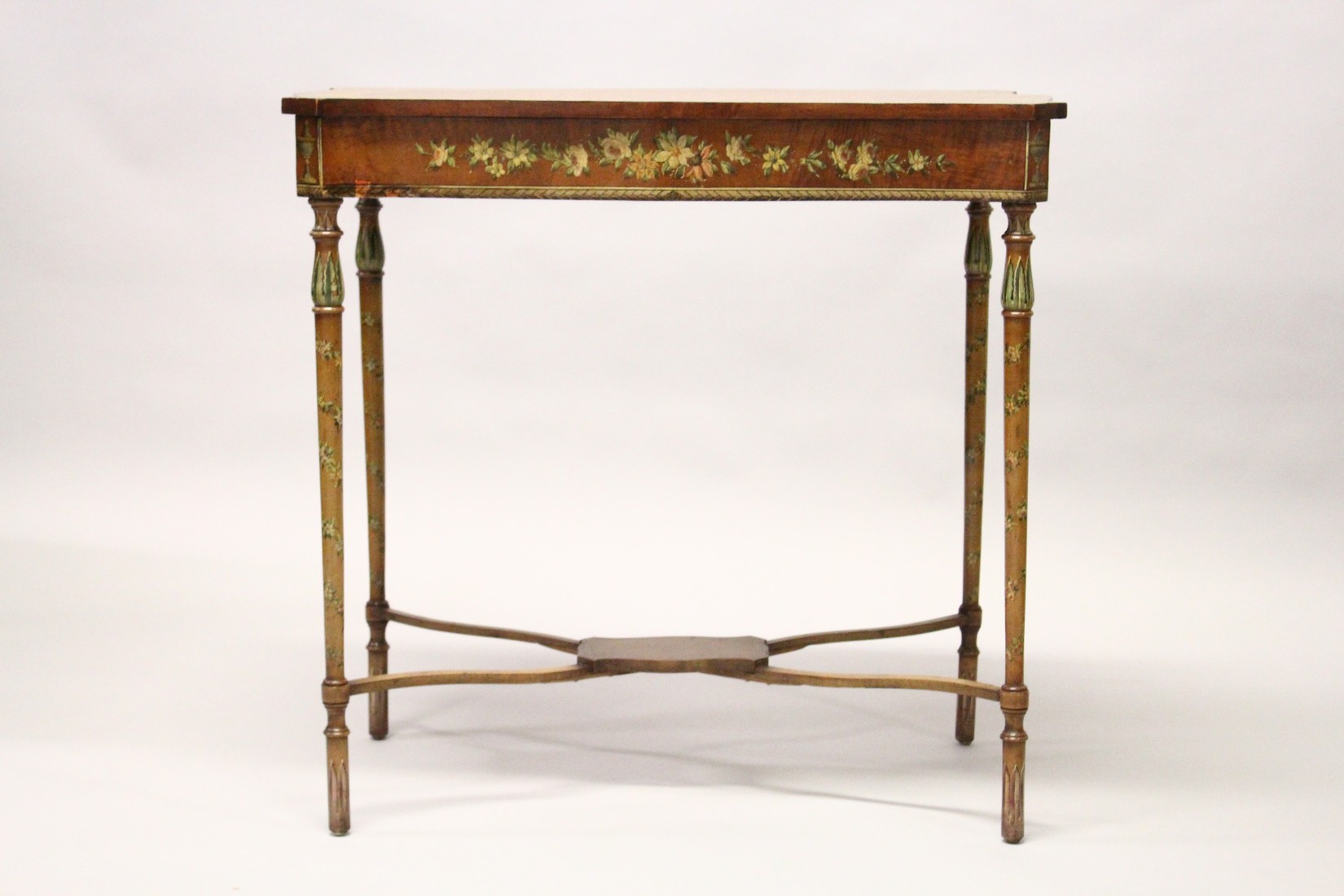 A GOOD EDWARDIAN SATINWOOD AND PAINTED OCCASIONAL TABLE of serpentine outline, the border, frieze - Image 2 of 6