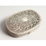 A RUSSIAN SILVER FILIGREE OVAL BOX AND COVER . Mark 84 C. D. 3ins long.