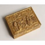 A FRENCH RECTANGULAR GILLDED METAL BOX, the lid with a tavern scene 4.25ins