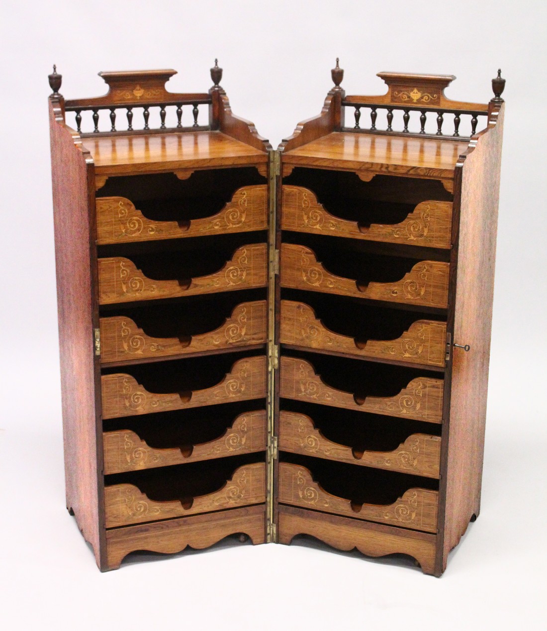 A RARE 19TH CENTURY ROSEWOOD INLAID FOLDING CAMPAIGN CUPBOARD