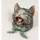 A VIENNA STYLE COLD PAINTED BRONZE INK WELL, modelled as the head of a snarling cat 4ins wide.
