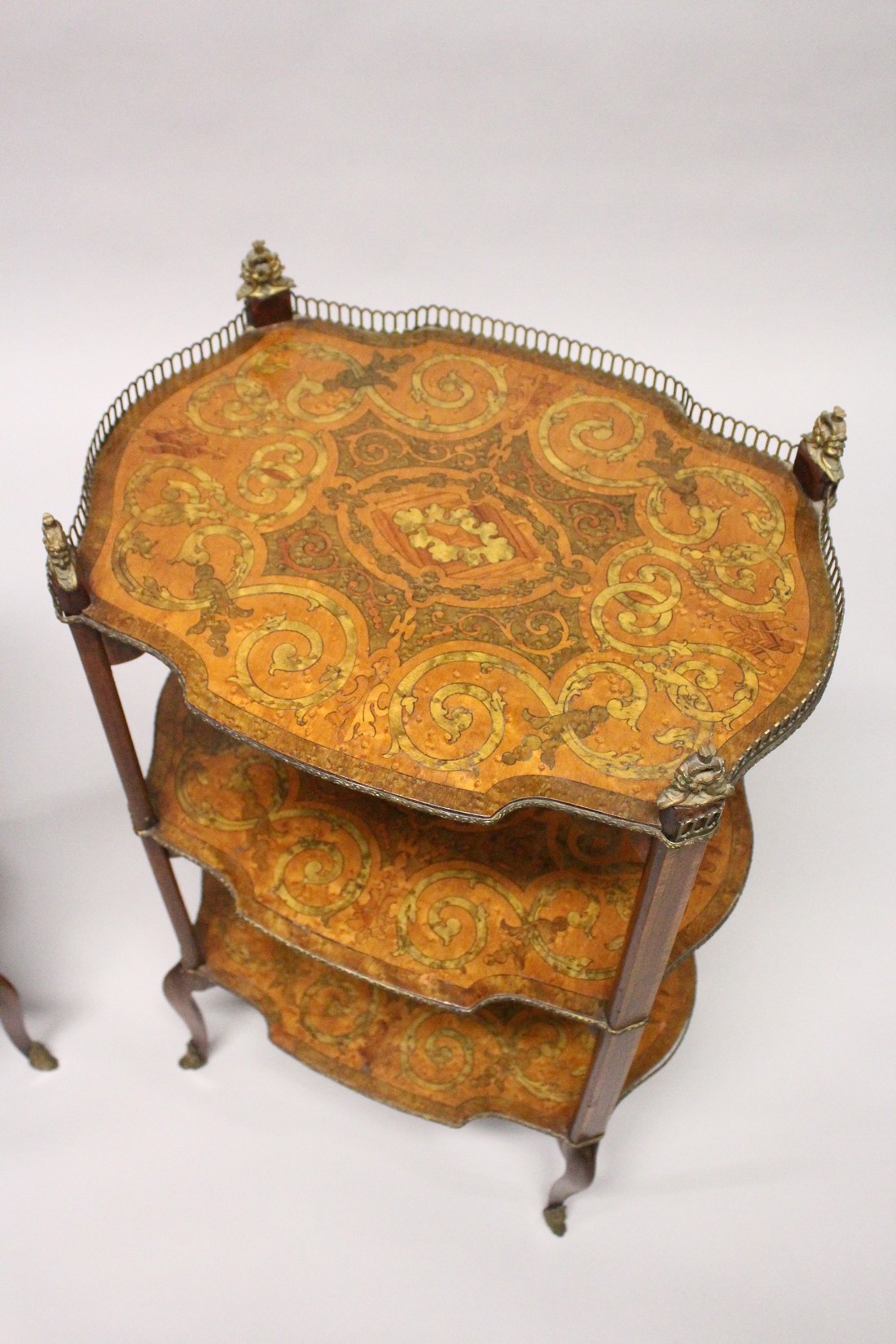 A PAIR OF EARLY 20TH CENTURY FRENCH MARQUETRY AND ORMOLU MOUNTED THREE TIER ETAGERES, with galleried - Image 3 of 4