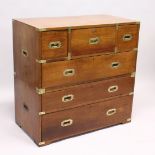 A GOOD 19TH CENTURY TWO PIECE MILITARY CHEST with secretaire drawer, two short and three long