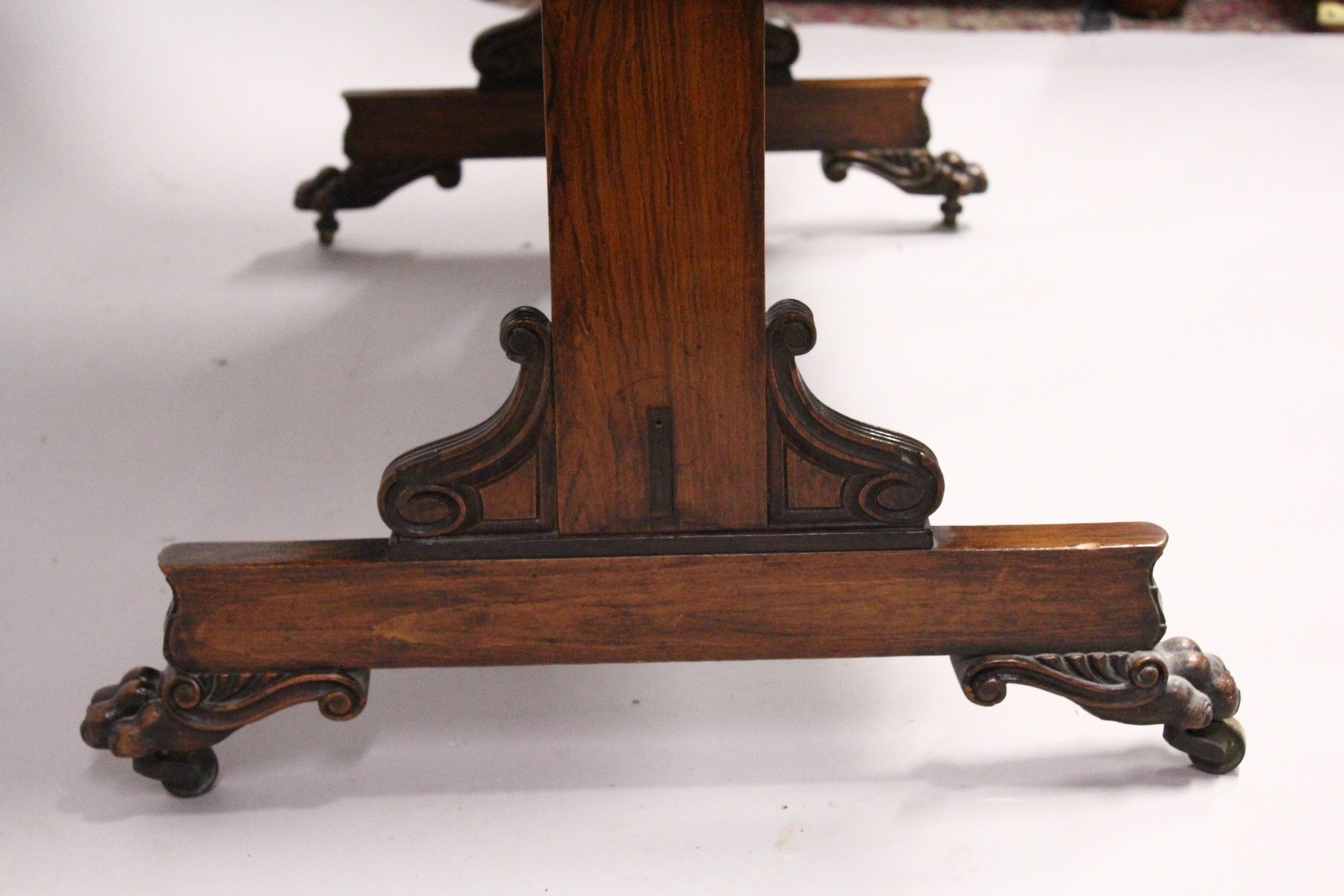 A GOOD REGENCY ROSEWOOD SOFA TABLE, with folding flaps, two single drawers with replacement wooden - Image 6 of 7