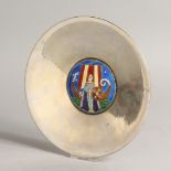 A SCANDINAVIAN SILVER AND ENAMEL CIRCULAR DISH with coat of arms 7.5ins diameter THUNE 8305