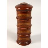 A TURNED WOOD FOUR SECTION SPICE TOWER 8ins high.