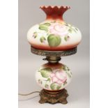A VICTORIAN OPALINE AND METAL OIL LAMP AND STAND converted to electricity and painted with
