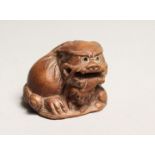 A JAPANESE CARVED WOOD DOG OF FOE NETSUKE