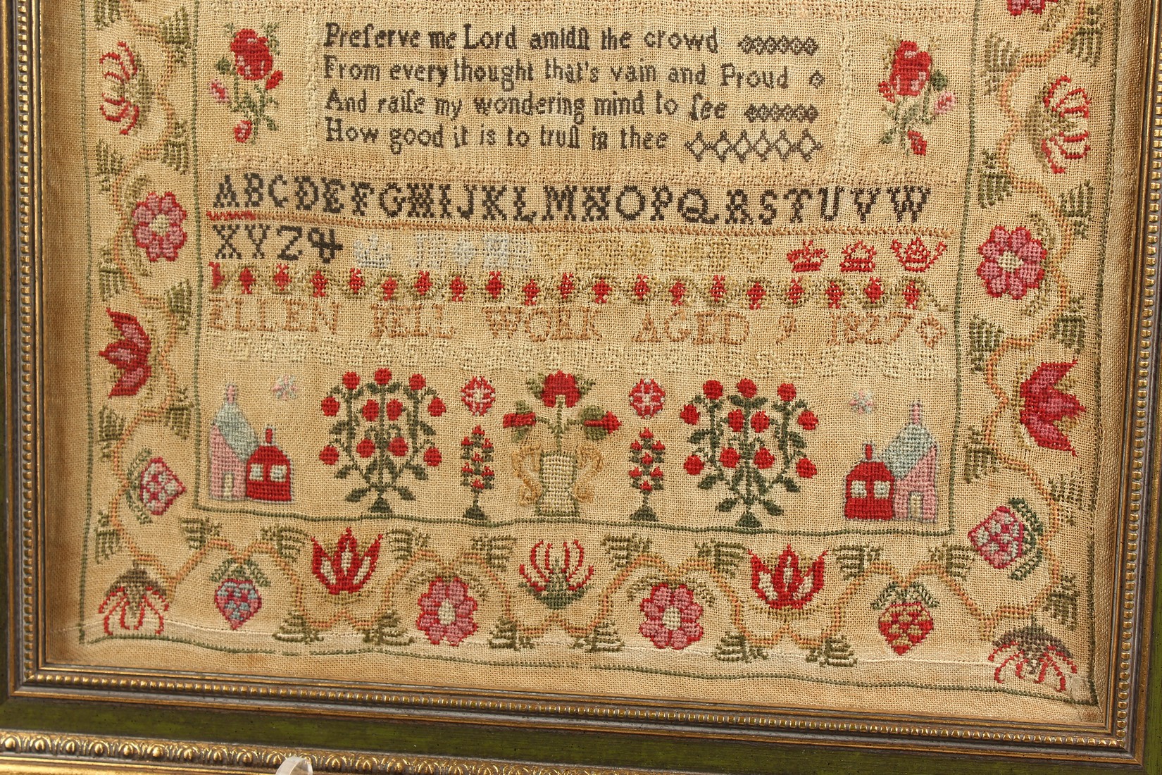 A GEORGE IV FRAMED AND GLAZED SAMPLER by Ellen Bell, Aged 9, 1827. 17ins x 6ins - Image 4 of 4