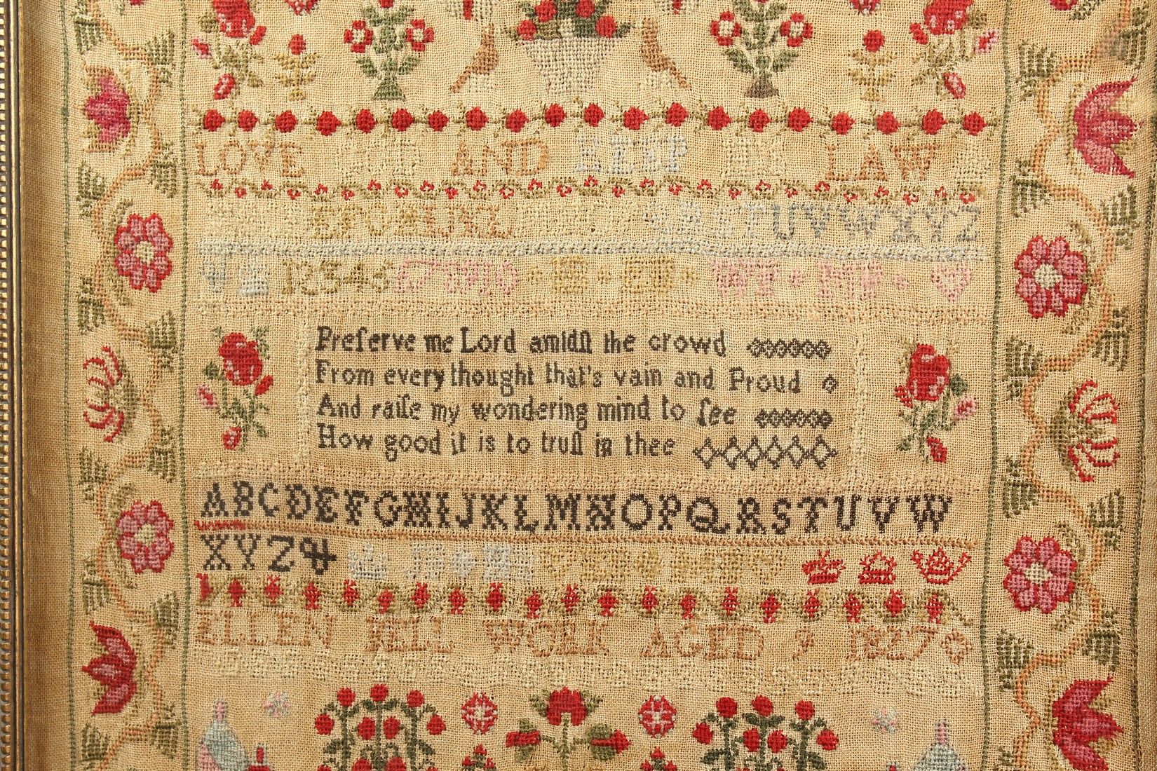 A GEORGE IV FRAMED AND GLAZED SAMPLER by Ellen Bell, Aged 9, 1827. 17ins x 6ins - Image 3 of 4