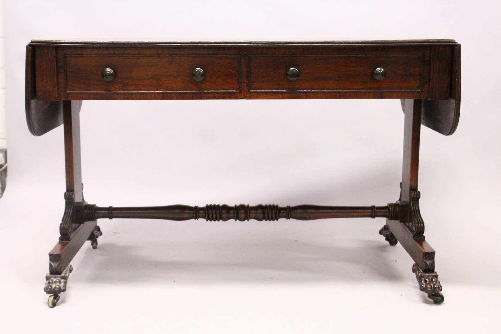 A GOOD REGENCY ROSEWOOD SOFA TABLE, with folding flaps, two single drawers with replacement wooden - Image 2 of 7