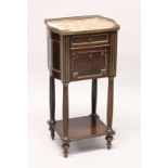 A 19TH CENTURY FRENCH MAHOGANY, MARBLE AND BRASS INLAID BEDSIDE COMMODE, with galleried rouge marble