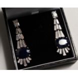 A GOOD PAIR OF ART DECO DESIGN, SILVER, REAL SAPPHIRE DROP EAR RINGS