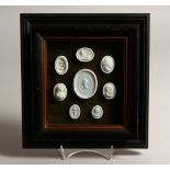 A FRAMED CASE OF CAMEOS including GEORGE AUGUSTAS as PRINCE REGENT, dated 1815. Overall size 9.