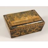 A 19TH CENTURY PENWORK JEWELLERY BOX with fitted interior 9.5ins high