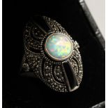 A PAIR OF SILVER OPAL AND ONYX DECO STYLE RING