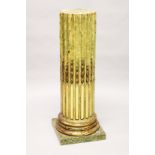 A GOOD ANTIQUE FAUX MARBLE WOODEN COLUMN with ormolu mounts on a square base. 3ft 6ins high 11ins