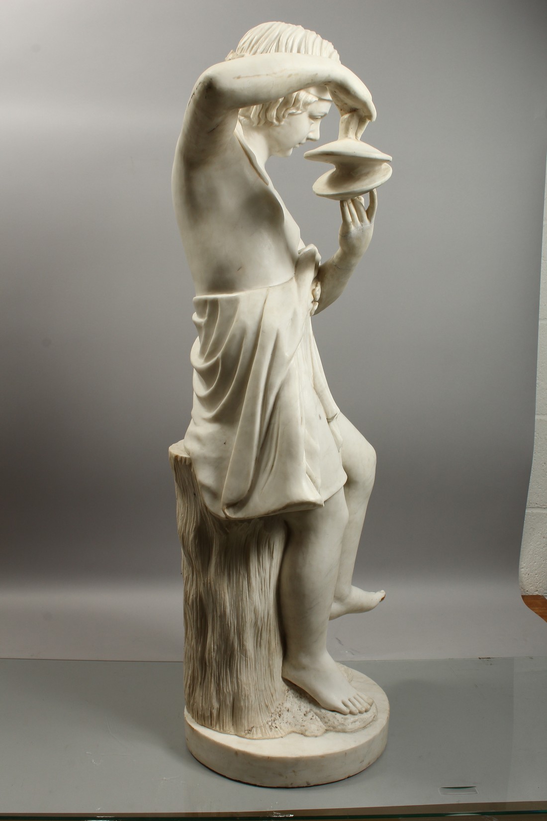 A GOOD LARGE ITALIAN CARVED CARRERA MARBLE, CHILD PERSONIFYING MUSIC, carved as a young female - Image 10 of 16