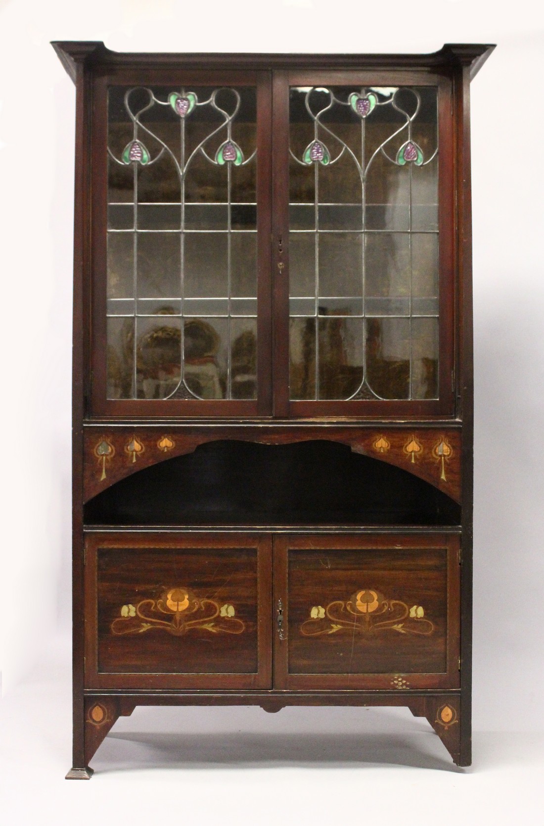AN ART NOUVEAU MAHOGANY INLAID CHINA CABINET with a pair of leaded glass doors over an open space, - Image 2 of 6