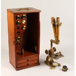 A BRASS MICROSCOPE IN A MAHOGANY CARRYING CASE by J. C. ROBBINS, BARTHOLOMEW CLOSE, LONDON, No.9.