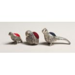 THREE NOVELTY SILVER BIRD PIN CUSHIONS