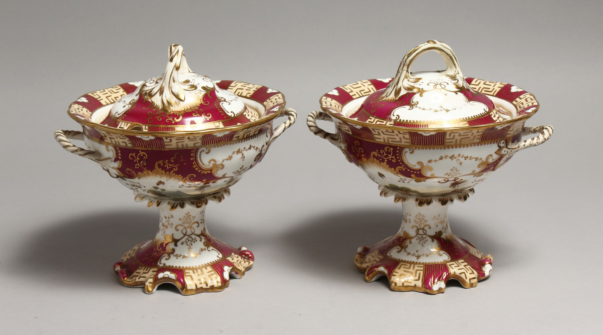 A PAIR OF COALPORT TWO HANDLED BOWLS AND COVERS 6ins high Murray Pollinger Collecction.