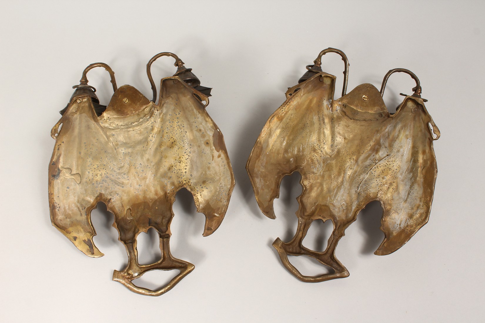 AN UNUSUAL PAIR OF CAST BRONZE BAT SHAPED TWIN LIGHT WALL SCONSES. - Image 3 of 3