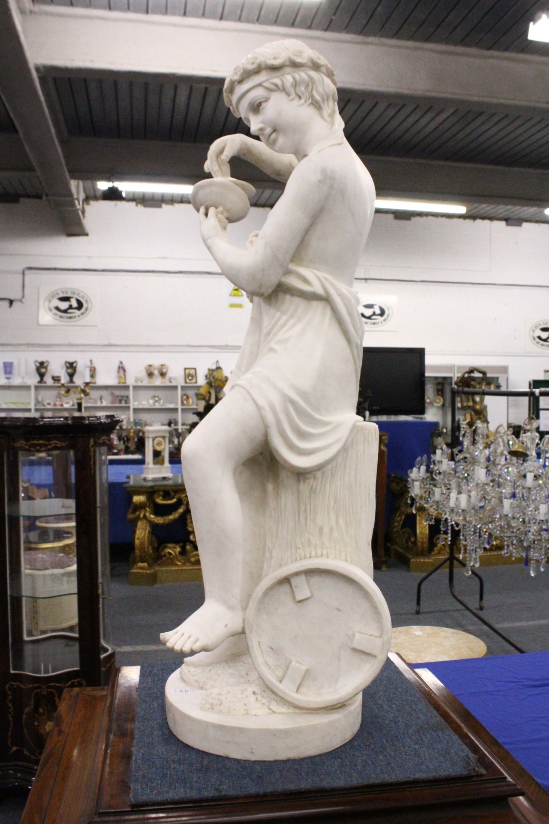 A GOOD LARGE ITALIAN CARVED CARRERA MARBLE, CHILD PERSONIFYING MUSIC, carved as a young female - Image 15 of 16