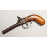 A PERCUSSION CAP PISTOL WITH WOODEN HANDLE. 7.5ins long