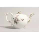 A 19TH CENTURY MEISSEN BULLET SHAPED TEA POT, (lid A F), painted with flowers Cross swords mark in