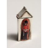 A SILVER AND ENAMEL QUEEN'S GUARD SENTRY BOX VESTA