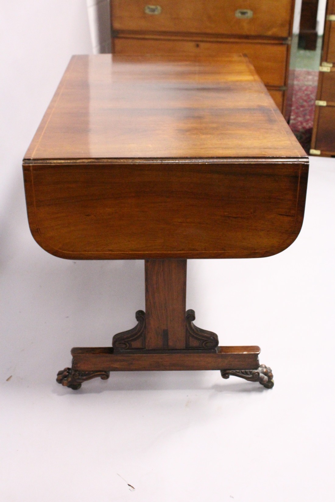 A GOOD REGENCY ROSEWOOD SOFA TABLE, with folding flaps, two single drawers with replacement wooden - Image 5 of 7