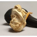 A 19TH CENTURY MEERSCHAUM PIPE as the head of a bearded man, in a leather, case.