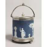 A WEDGWOOD JASPER WARE BLUE AND WHITE BISCUIT BARREL AND COVER with plated mount.