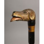 A WALKING STICK with carved wood dog's head 38ins long.