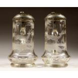 A PAIR OF ENGRAVED GLASS BEER JUGS with pewter trim, deer in a landscape