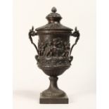 A VERY GOOD 19TH CENTURY TWO HANDLED CLASSICAL URN AND COVER on a square stand decorated with a band