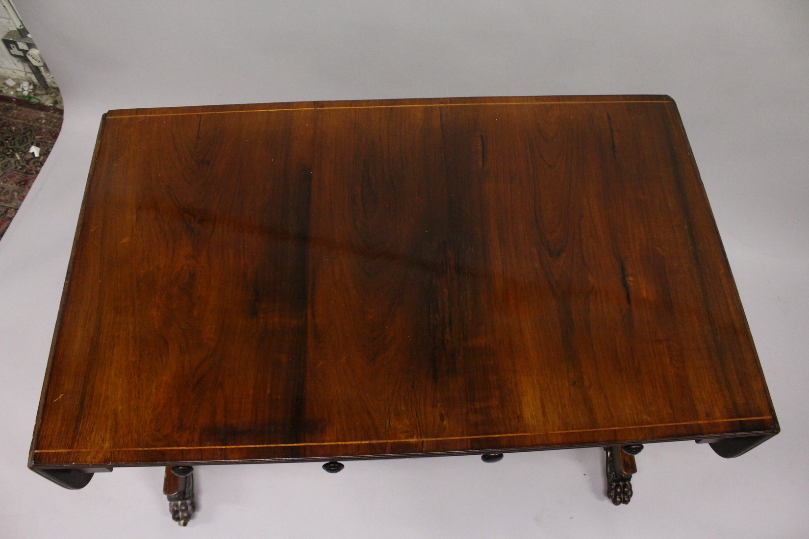 A GOOD REGENCY ROSEWOOD SOFA TABLE, with folding flaps, two single drawers with replacement wooden - Image 3 of 7